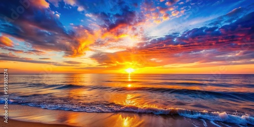 Vibrant sunrise over the tranquil sea , sunrise, ocean, beach, horizon, calm, peaceful, beauty, nature, dawn, sky, water