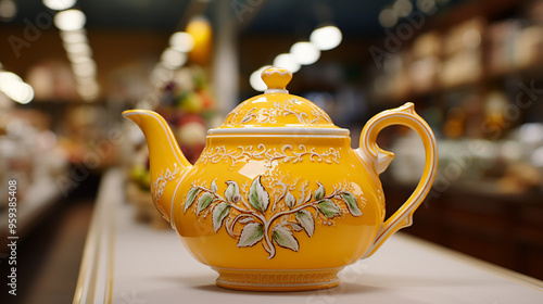 Ceramic teapot on the table in the store generative ai