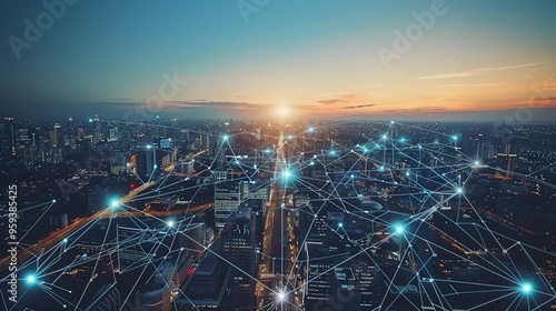 Aerial View of a Modern City: Communication Network and Wireless Telecommunication Concept – Smart City