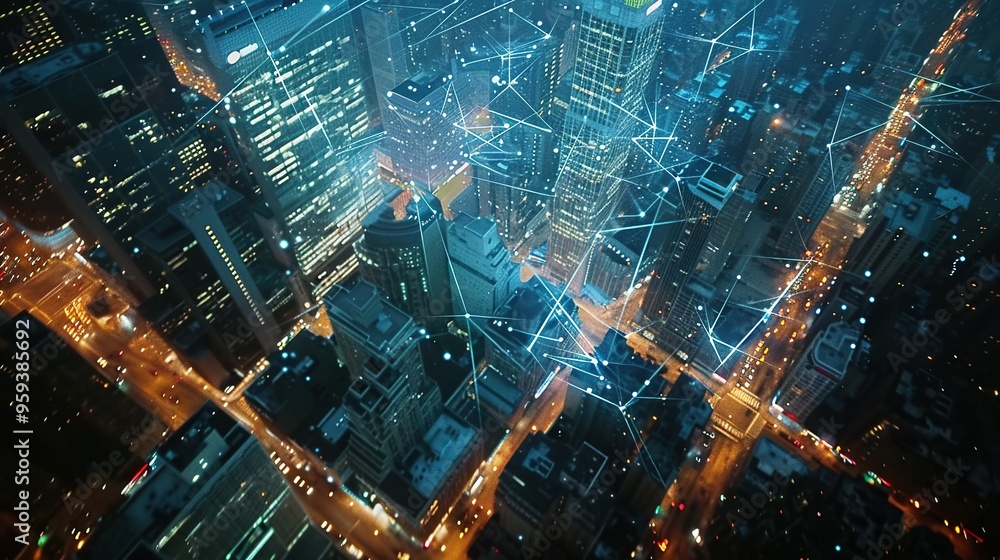 Smart City with Wireless Telecommunication: Modern City Aerial View and Advanced Communication Network Concept Smart City with Wireless Telecommunication: Modern City Aerial View and Advanced Communication Network Concept