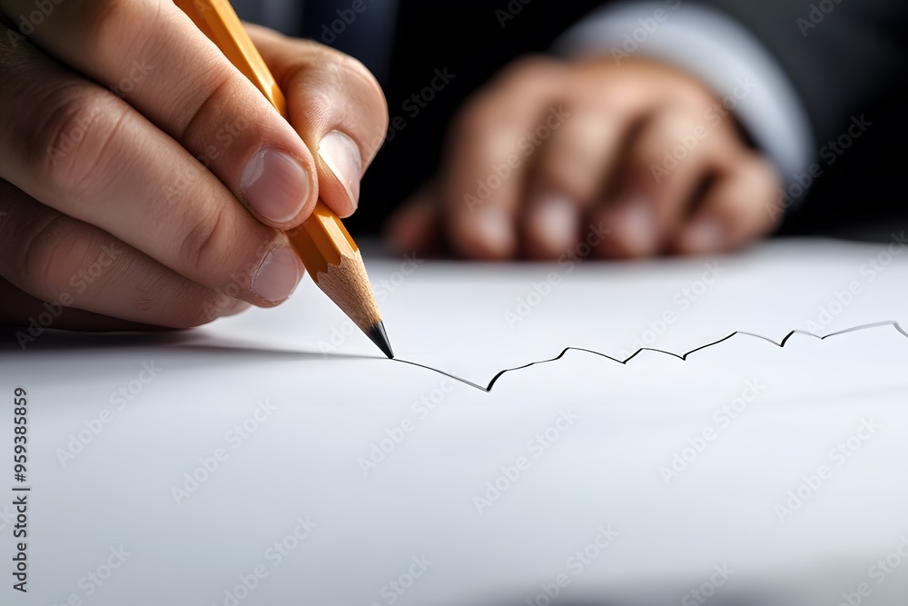 A Hand Drawing a Line on White Paper with a Yellow Pencil A Hand Drawing a Line on White Paper with a Yellow Pencil
