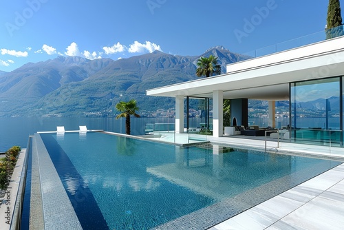 Modern villa with infinity pool, lake view, white stone terrace, panoramic windows, and outdoor patio furniture.