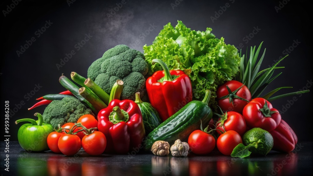 Red and green vegetables arranged in a still life composition on a black background, red, green, vegetables Red and green vegetables arranged in a still life composition on a black background, red, green, vegetables