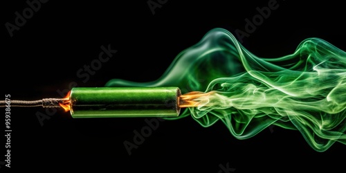 Long green fuse burning on black background isolated, fuse, green, burning, isolated, black, background, explosive photo