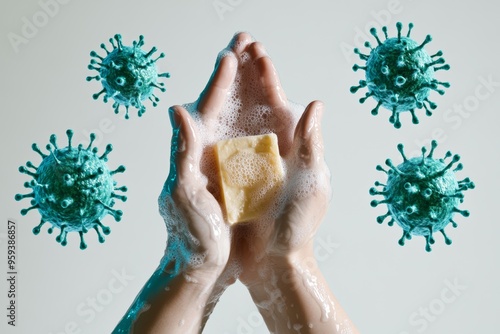 Effective hand washing technique with soap for preventing virus and bacteria spread against flu and coronavirus photo