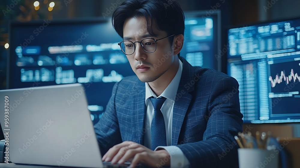 Young adult serious busy Asian business man manager wearing suit typing on laptop using computer working on digital project financial market data software management sitting at desk in : Generative AI Young adult serious busy Asian business man manager wearing suit typing on laptop using computer working on digital project financial market data software management sitting at desk in : Generative AI