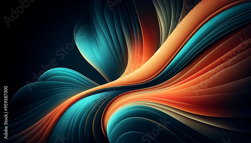 Abstract digital illustration featuring smooth flowing curves in vibrant hues of orange and teal against a dark background