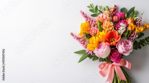 Wallpaper Mural A colorful floral bouquet tied with a pink ribbon, placed against a white background, ideal for celebrations and gifts. Torontodigital.ca