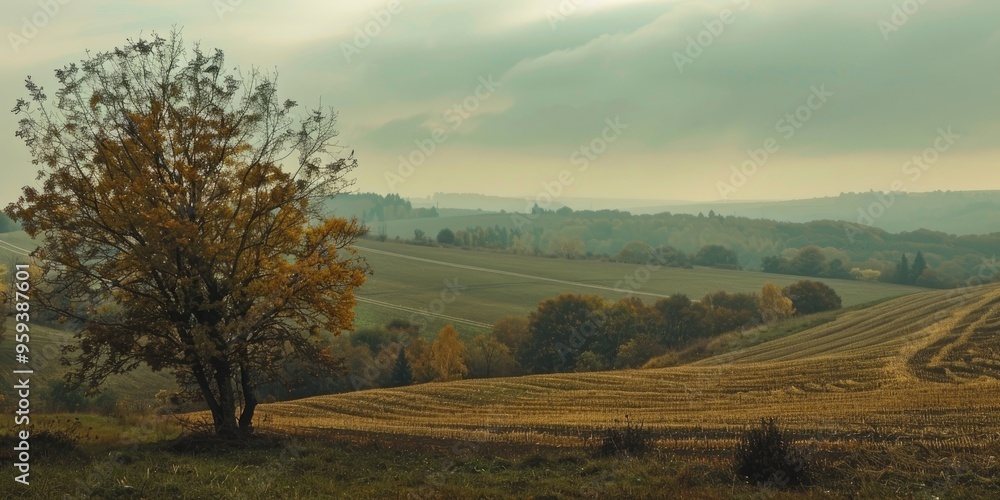 Fototapeta premium Hilly Landscape with Fields Trees and Overcast Sky