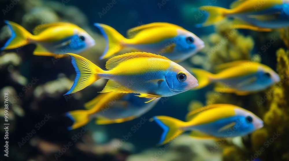 Yellow and blueback fusilier school caesio teres at the Long Beach Aquarium : Generative AI Yellow and blueback fusilier school caesio teres at the Long Beach Aquarium : Generative AI