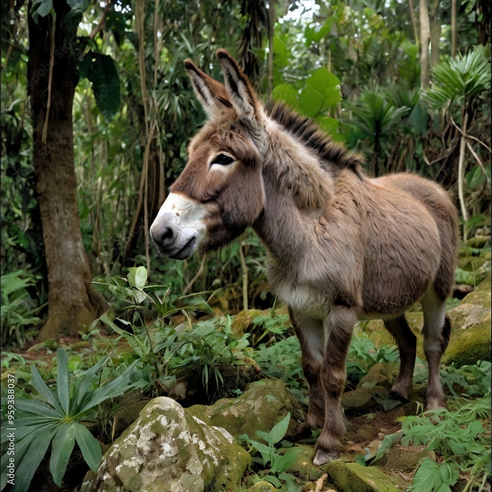 Closeup African wild burrow donkey standing on the rock in South America amazon jungle royalty free stock photos images generated Ai Closeup African wild burrow donkey standing on the rock in South America amazon jungle royalty free stock photos images generated Ai