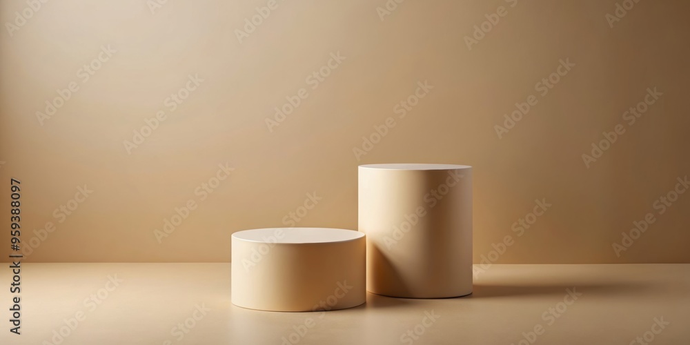Two empty pedestals on a beige background , display, presentation, showcase, blank, pedestal, empty, podium, stand Two empty pedestals on a beige background , display, presentation, showcase, blank, pedestal, empty, podium, stand