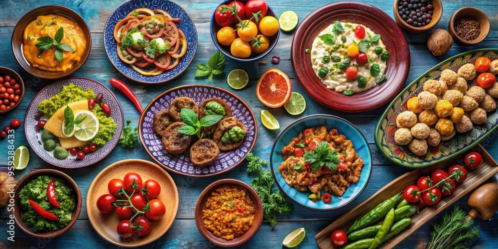 Vibrant and colorful Mediterranean dishes displayed beautifully on a table Vibrant and colorful Mediterranean dishes displayed beautifully on a table