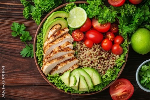 Healthy quinoa salad bowl with chicken, avocado, and cherry tomatoes on a rustic wooden table