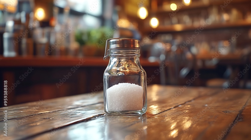 Glass salt shaker on the table in the kitchen : Generative AI Glass salt shaker on the table in the kitchen : Generative AI