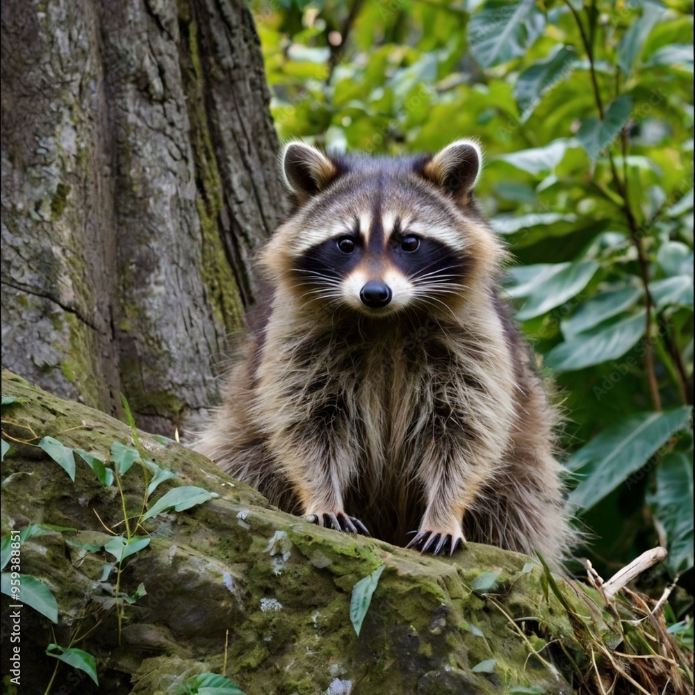 Pygmy Raccoon Sitting on the rock in jungle high quality royalty wallpaper free stock Photography images generated Ai Pygmy Raccoon Sitting on the rock in jungle high quality royalty wallpaper free stock Photography images generated Ai