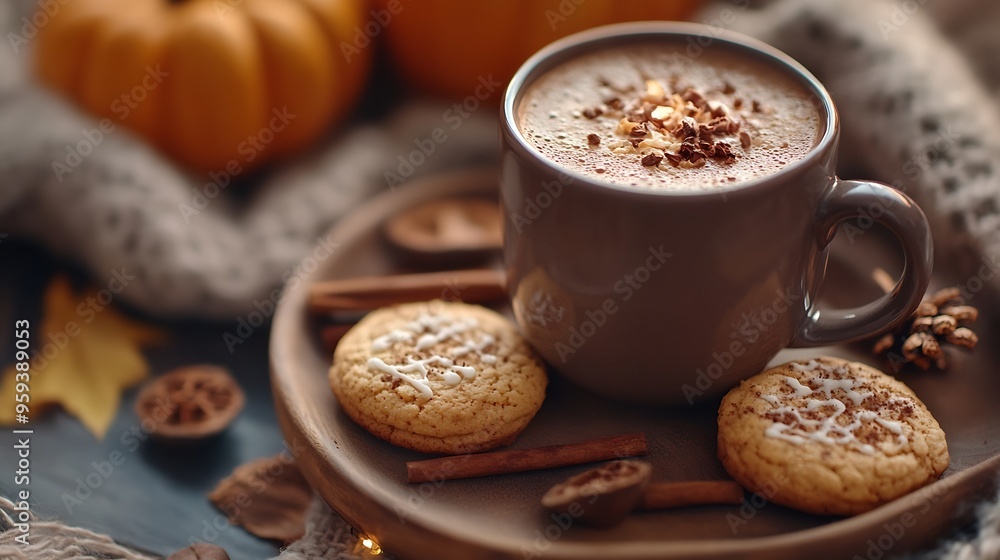 Chai chocolate or hot cacao with chai cookies pumpkins for Thanksgiving breakfast Cozy autumn still life hygge : Generative AI Chai chocolate or hot cacao with chai cookies pumpkins for Thanksgiving breakfast Cozy autumn still life hygge : Generative AI