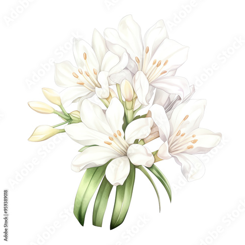 A beautiful digital illustration of white lilies bouquet, showcasing delicate petals and lush green leaves, perfect for floral designs and decor.