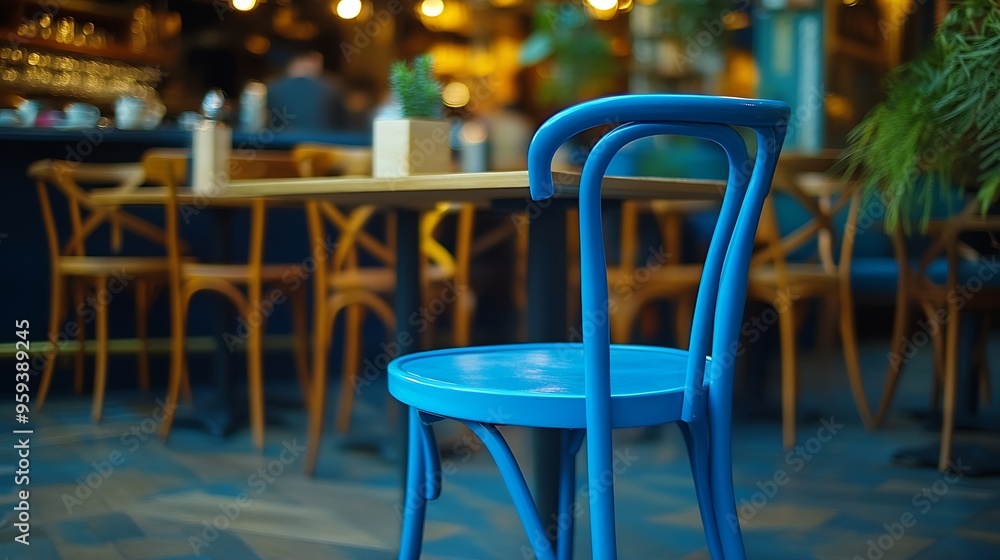 This photo features an empty blue chair in a cafe This photo evokes a calm and peaceful atmosphere The empty chair invites anyone to sit down and enjoy a cup of coffee or tea : Generative AI This photo features an empty blue chair in a cafe This photo evokes a calm and peaceful atmosphere The empty chair invites anyone to sit down and enjoy a cup of coffee or tea : Generative AI