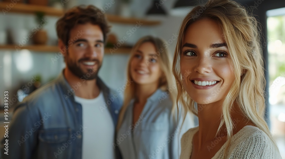 Young couple follow a real estate agent who is giving them a tour around a home showing all the room and telling about all the advantage of living Buying house or apartment concept : Generative AI Young couple follow a real estate agent who is giving them a tour around a home showing all the room and telling about all the advantage of living Buying house or apartment concept : Generative AI