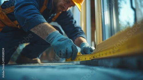 Technician worker in uniform using measuring tape tool to measuring wood window in the home construction site repair and fix for problem in the house : Generative AI photo