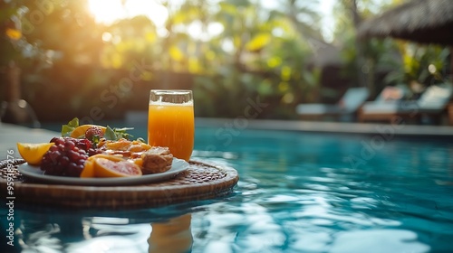 Breakfast in swimming pool floating breakfast in luxurious tropical resort Table relaxing on calm pool water healthy breakfast and fruit plate by resort pool Tropical couple beach luxu : Generative AI photo