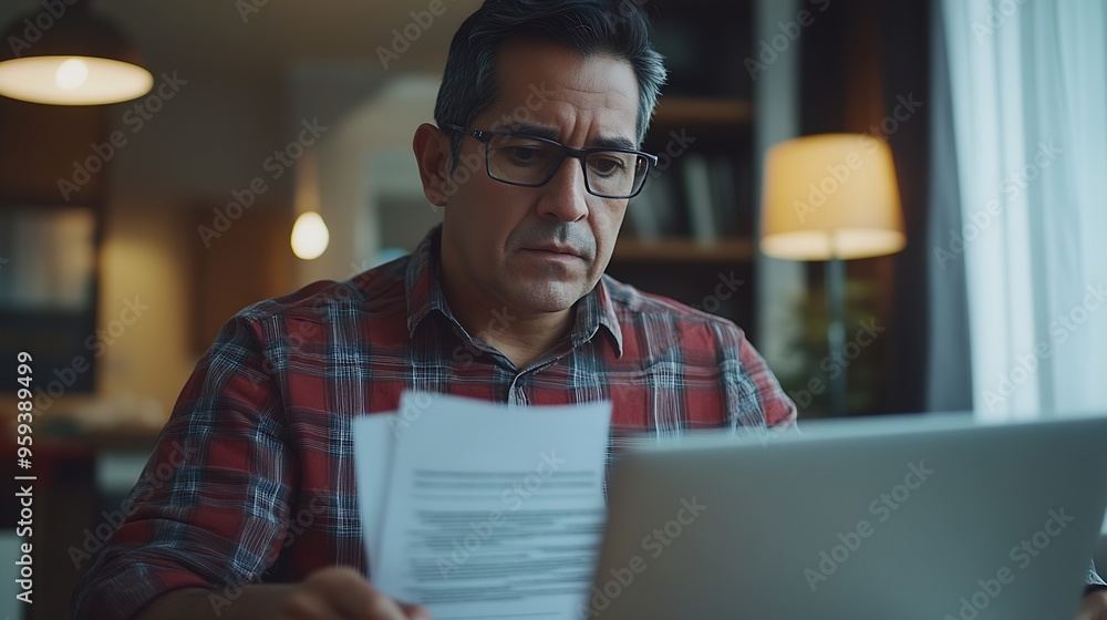 Latin American man is focused working remotely at home on a laptop and with documents : Generative AI Latin American man is focused working remotely at home on a laptop and with documents : Generative AI