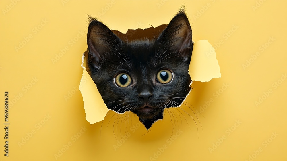muzzle of a black tabby kitten looks through ripped hole in yellow paper Naughty pets and mischievous domestic animals Copy space yellow background Pet peeps through torn paper copy sp : Generative AI muzzle of a black tabby kitten looks through ripped hole in yellow paper Naughty pets and mischievous domestic animals Copy space yellow background Pet peeps through torn paper copy sp : Generative AI
