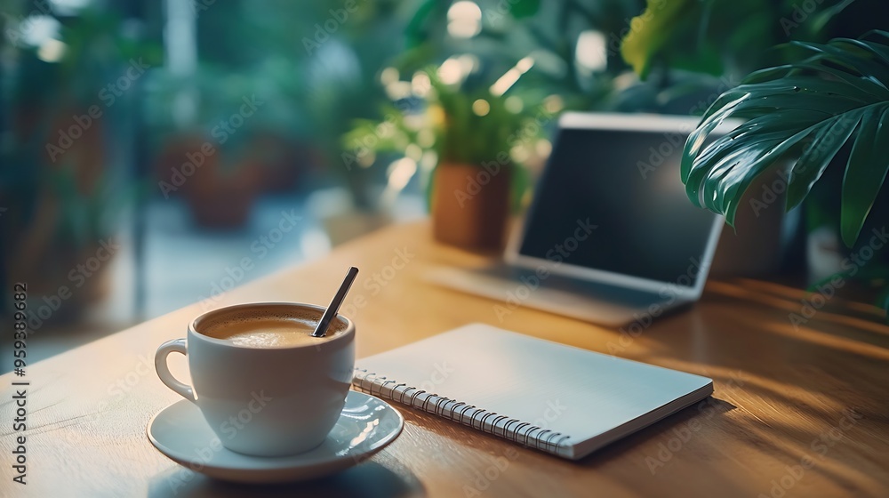 Laptop with coffee cup notebook and pen on wooden background concept for home office Business concept Work from home desk office with laptop blank notepad coffee cup and pen on wooden : Generative AI Laptop with coffee cup notebook and pen on wooden background concept for home office Business concept Work from home desk office with laptop blank notepad coffee cup and pen on wooden : Generative AI