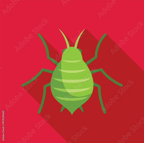 Green aphid insect spreading its legs on red background, pest control and extermination service logo, entomology and biology study object
