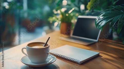 Laptop with coffee cup notebook and pen on wooden background concept for home office Business concept Work from home desk office with laptop blank notepad coffee cup and pen on wooden : Generative AI