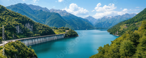 A large dam stretches across a tranquil blue reservoir, surrounded by lush green mountains and clear blue skies. photo