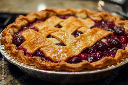 Delicious homemade cherry pie with a flaky golden crust cooling on the kitchen counter