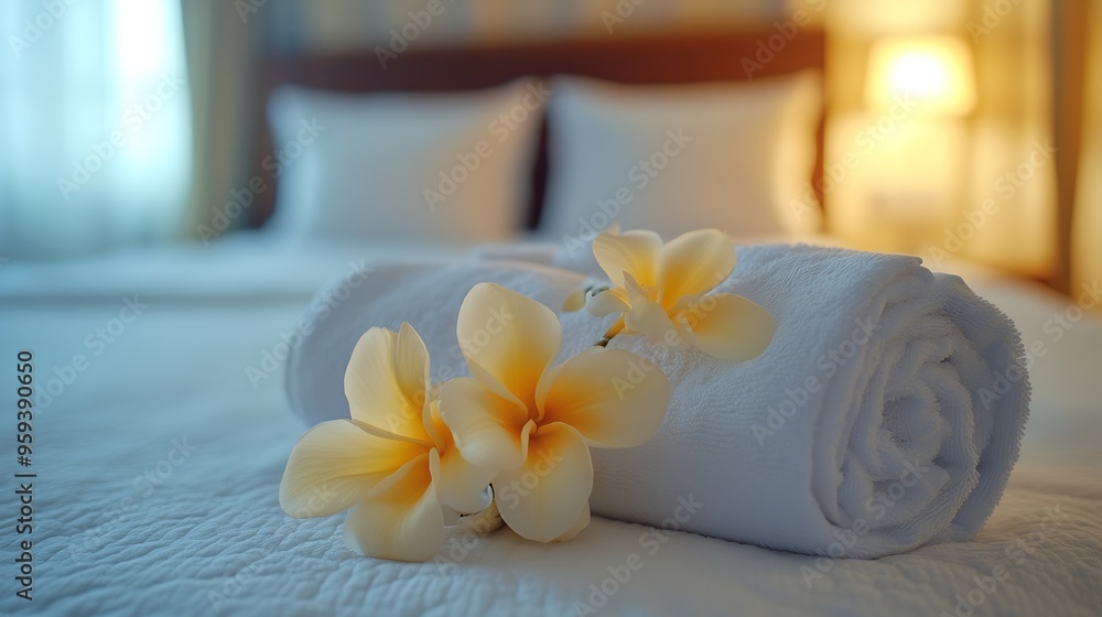 towels and Plumeria on the bed in the luxury hotel room ready for tourist travel : Generative AI towels and Plumeria on the bed in the luxury hotel room ready for tourist travel : Generative AI