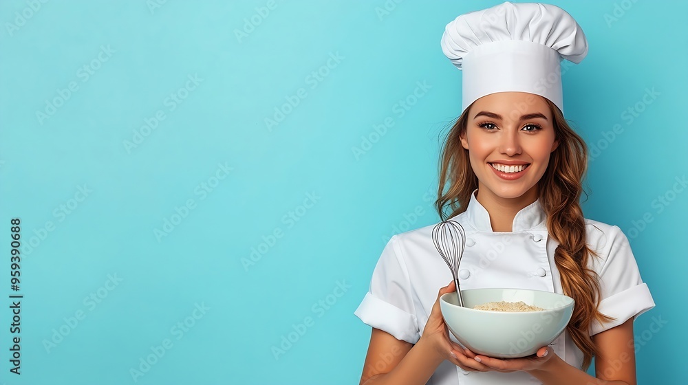 Happy female chef in uniform holding bowl and whisk on light blue background : Generative AI Happy female chef in uniform holding bowl and whisk on light blue background : Generative AI
