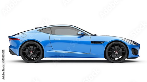 Passenger blue car isolated on a white background with clipping path Full Depth of field Focus stacking side view : Generative AI