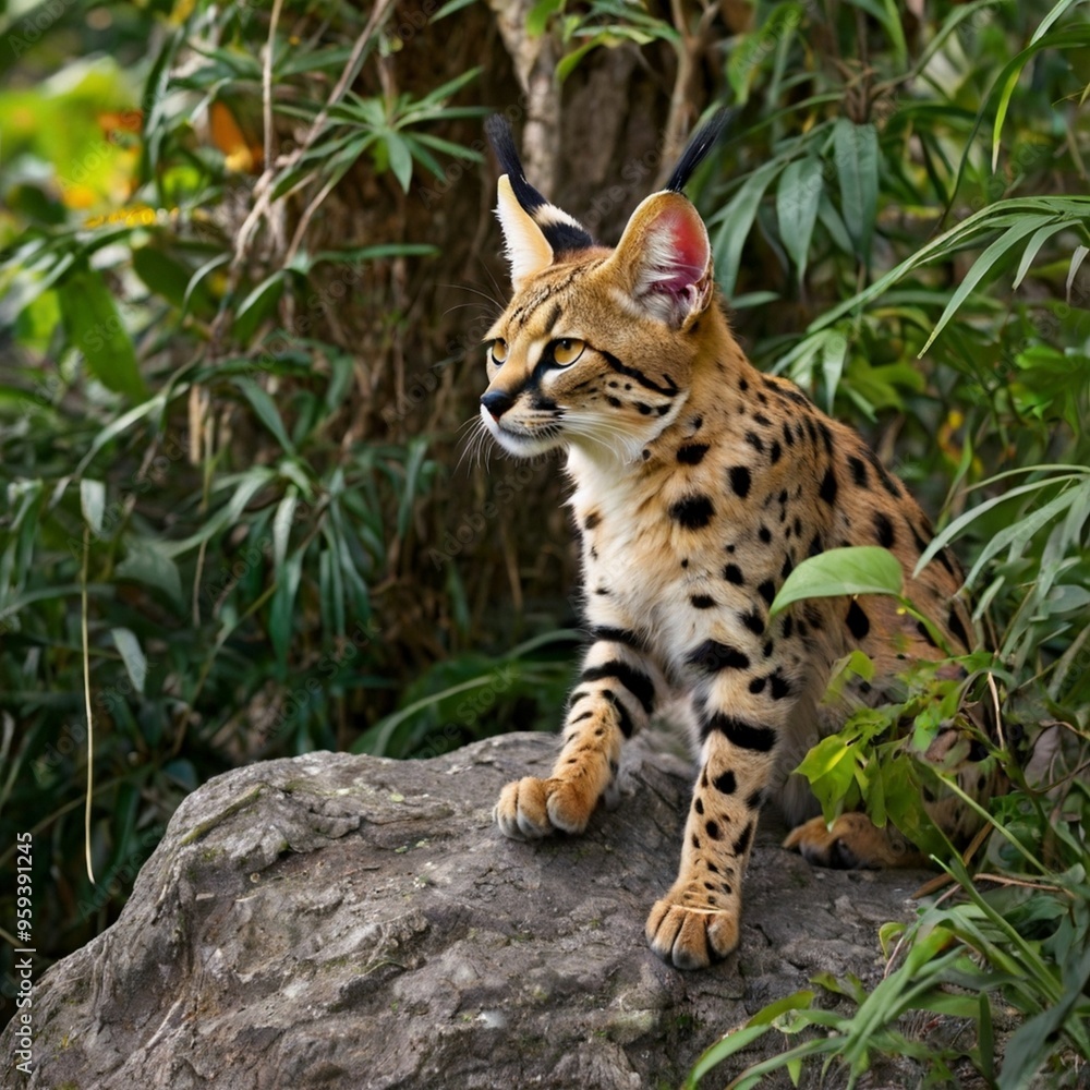 Closeup Leptailurus Serval big cat on the rock in the forest HD wallpaper royalty free stock photos images generated Ai Closeup Leptailurus Serval big cat on the rock in the forest HD wallpaper royalty free stock photos images generated Ai