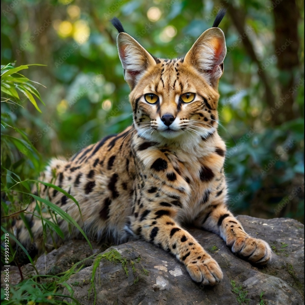 Closeup Leptailurus Serval big cat on the rock in the forest HD wallpaper royalty free stock photos images generated Ai Closeup Leptailurus Serval big cat on the rock in the forest HD wallpaper royalty free stock photos images generated Ai