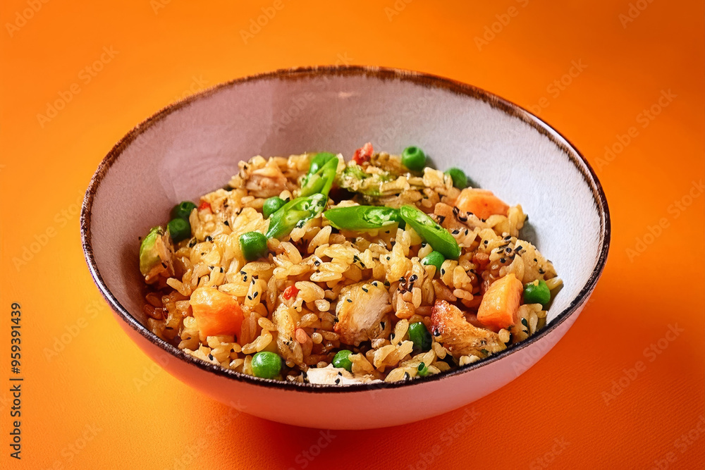 Delicious Chicken Fried Rice Yakimeshi in Bowl with Fresh Vegetables on Orange Background. Delicious Chicken Fried Rice Yakimeshi in Bowl with Fresh Vegetables on Orange Background.