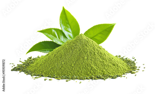 Instant matcha green tea with leaf on transparent png photo