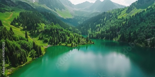 Aerial view of stunning turquoise mountain lake and lush green forest Summer in the mountains verdant forest mountain lake green pine and fir trees surrounding a picturesque lake Breathtaki photo