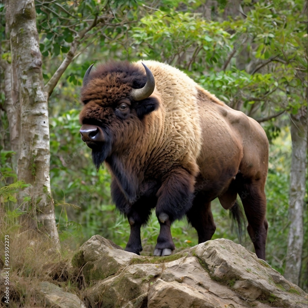 European bison on bright sunlight with a dark forest in the background Stock Photos and Images generated Ai European bison on bright sunlight with a dark forest in the background Stock Photos and Images generated Ai