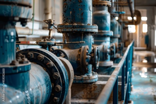 Industrial water pumps and piping system in a water treatment plant during routine maintenance operations