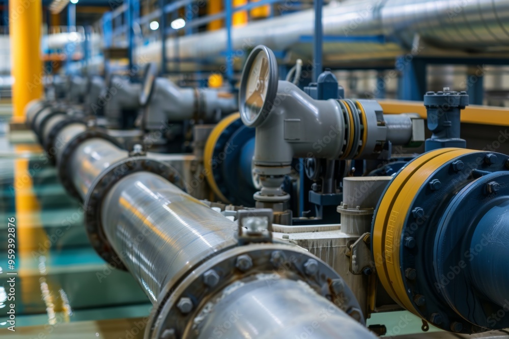 Industrial water pumps and pipes operating at a water treatment plant during daytime inspection process Industrial water pumps and pipes operating at a water treatment plant during daytime inspection process