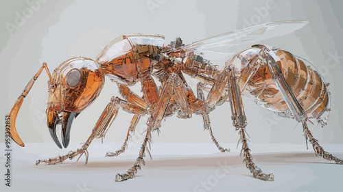 Ants made of glass on a white background. 3d render