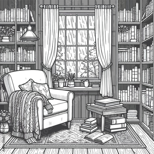 A room filled with bookshelves, a comfortable armchair coloring page vector