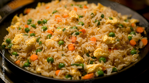 savory egg fried rice, mixed with peas, carrots, and a hint of garlic