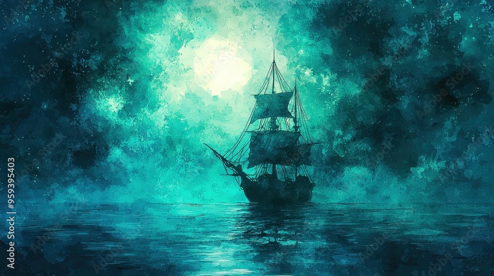 Watercolor Painting of a Sailing Ship at Sea Under a Full Moon Watercolor Painting of a Sailing Ship at Sea Under a Full Moon
