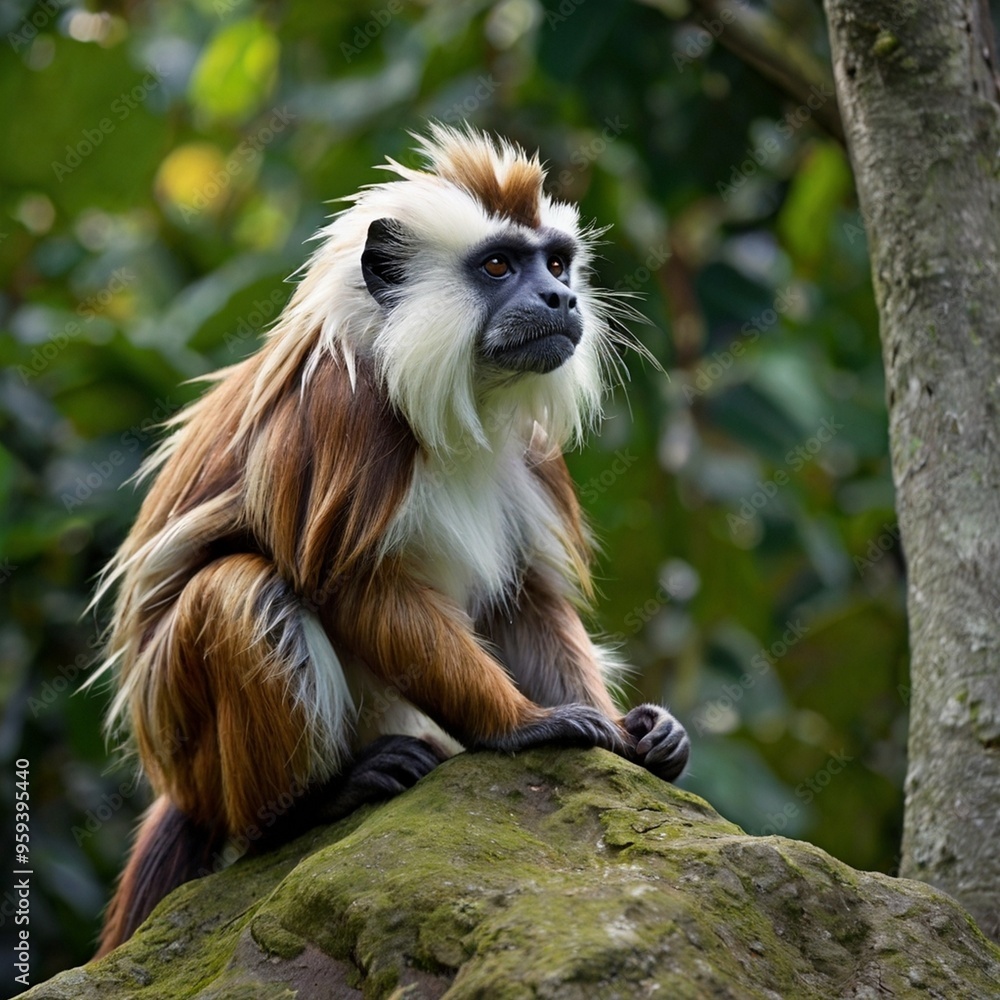 Adopt an Emperor Tamarin sitting on the rock in deep forest stock image photo generated Ai Adopt an Emperor Tamarin sitting on the rock in deep forest stock image photo generated Ai