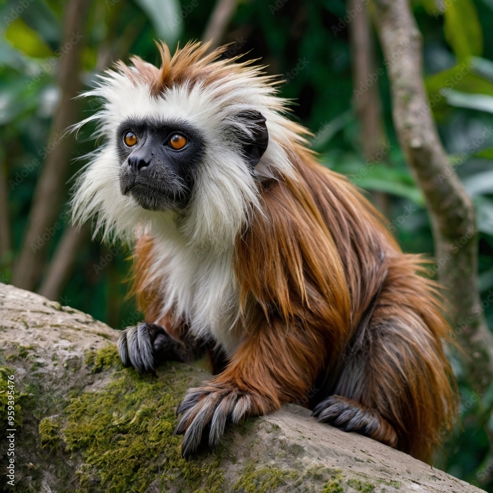Adopt an Emperor Tamarin sitting on the rock in deep forest stock image photo generated Ai Adopt an Emperor Tamarin sitting on the rock in deep forest stock image photo generated Ai